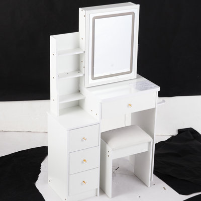 Table de meuble-lavabo à gauche avec tabouret rembourré, très grand miroir coulissant à DEL, 2 prises de courant alternatif et prises de courant, éclairage 3 couleurs sélectionnable, petit blanc confortable, rembourré et extrêmement massif