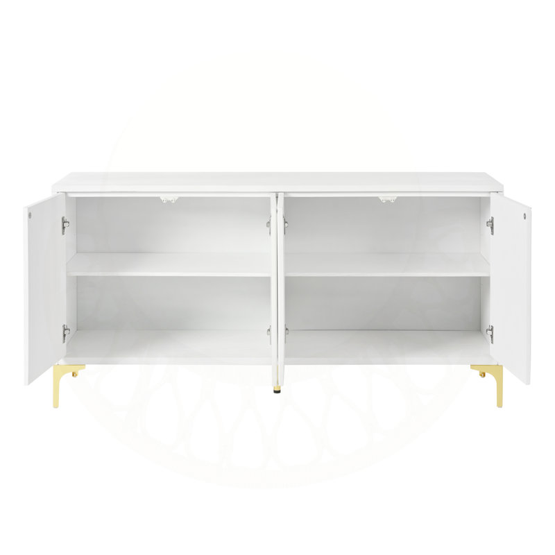 Buffet de rangement moderne et luxueux de 60 po avec 4 portes et dispositif de rebond pour le salon et le vestibule, Blanc