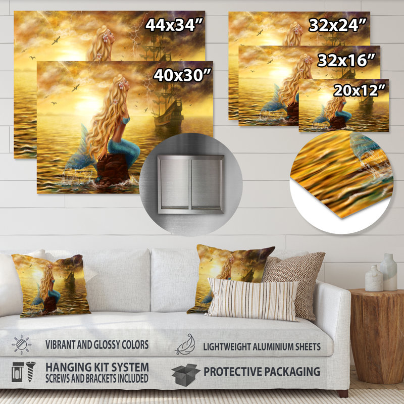 Sea Mermaid with Ghost Ship - Graphic Art Print, Metal, 34" H x 44" W x 1" D
