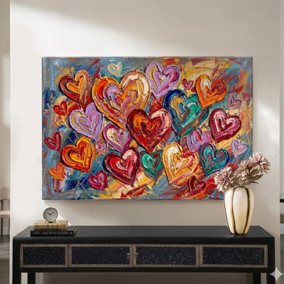 Tableau à l'huile sur toile, 61 x 91 cm, représentant des cœurs colorés superposés, style impasto. Impression sur châssis entoilé. Décoration murale romantique rouge et rose pour chambre, salon et bureau.