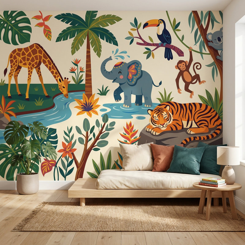Papier peint animaux tropicaux, jungle tropicale, 120 po x 96 po, Texturé non collé