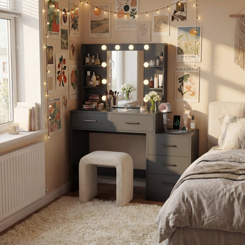 Vanity Table With 3-color Adjustable Lighting, Attached Nightstand, Multi Power Outlets & Large Storage, 3 Colors Available