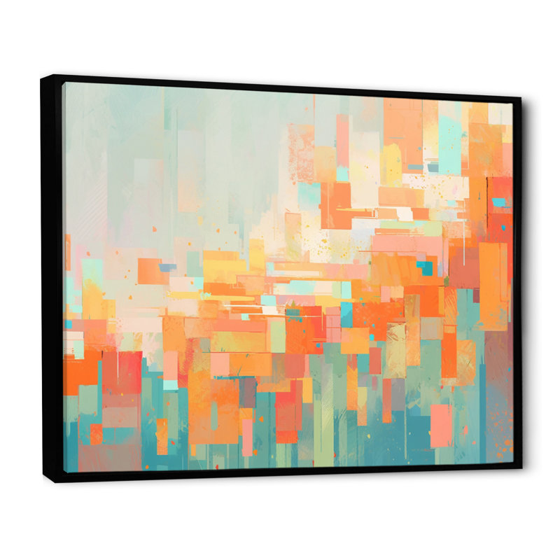Réalités brisées orange et vertes sur toile, Cadre flottant noir, H 24 po x l 32 po x P 1 po