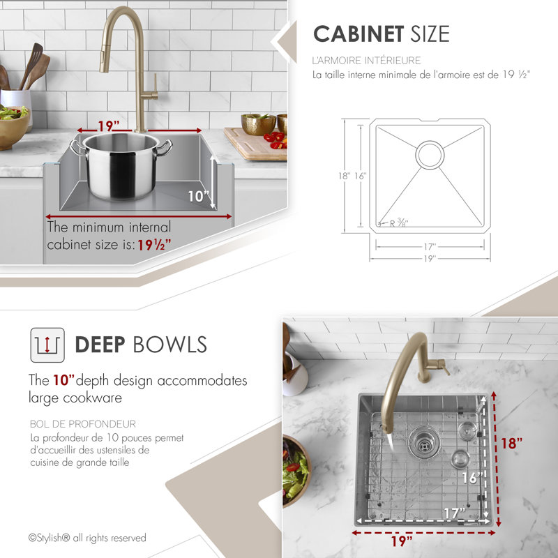 Styluxe Stylish Aqua Undermount 19" Stainless Steel Single Bowl Kitchen Sink, 16-Gauge, 10" H x 18." W x 19" D