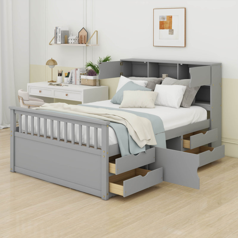 Full Size Platform Bed, Captain Bed Frame With 4 Storage Drawers And Bookcase And Shelves, Grey