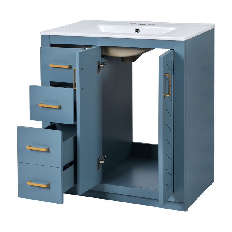 Ensemble de meuble-lavabo 30 po avec lavabo en céramique, armoire de rangement en bois massif, ensemble de meuble-lavabo autoportant avec 3 tiroirs et portes à fermeture douce