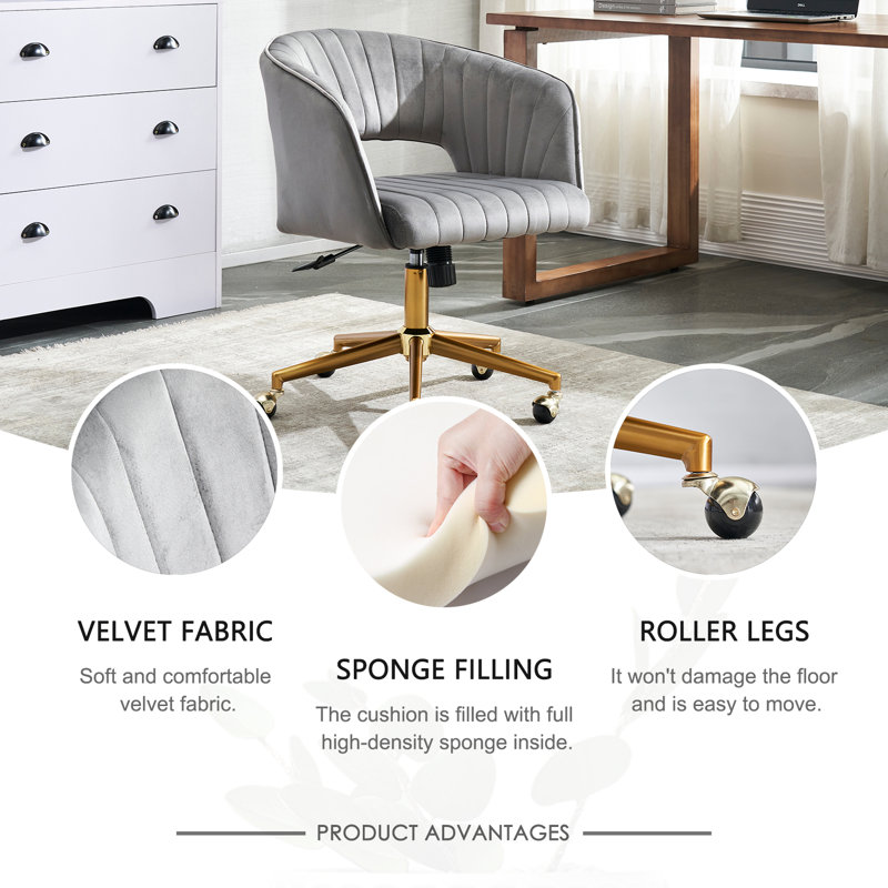 Modern White Upholstered Office Chair - Adjustable Height, Gold Swivel Base With Wheels, Comfortable Desk and Chair For Bedroom, Home Office, Living Room and Study (Grey)