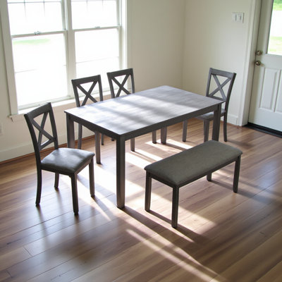 6 Piece Kitchen Dining Set, Rectangular Wooden Dining Table with 4 Upholstered Chairs and a Bench, Dining Table Set for 6 People, Living Room, Home Ba