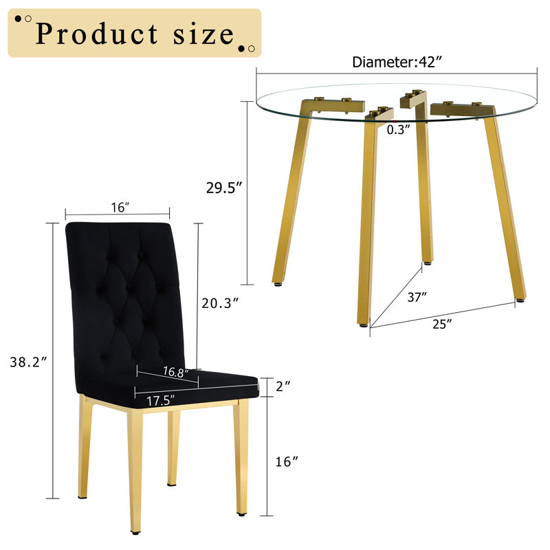 Table de salle à manger ronde en verre trempé transparent avec pieds en métal doré et 4 chaises en velours noir à dossier quadrillé, solution élégante visuellement époustouflante