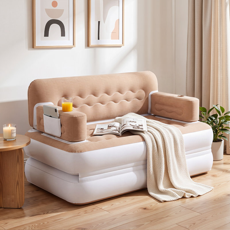 Queen Air Sofa Bed Mattress with Wave Pattern Headboard & Pump, Kaki
