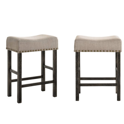 2 tabourets de salle à manger contemporains à hauteur de comptoir avec sièges en lin brun clair coussinés et finition grise en 2, style, finition, garniture cloutée pour la décoration de la pièce