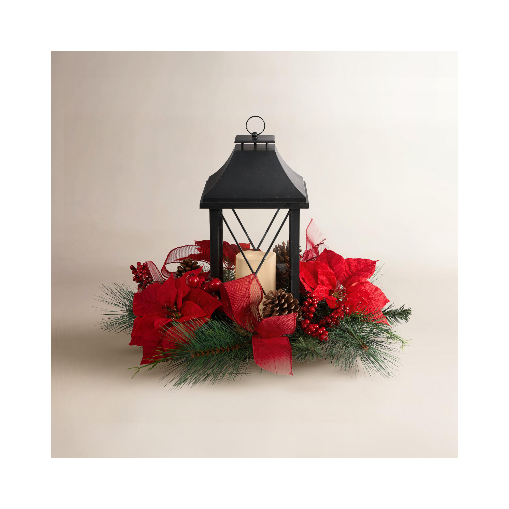 15In. Holiday Poinsettia, Pinecone And Greenery With Lantern And Included LED Candle Artificial Table Christmas Arrangement