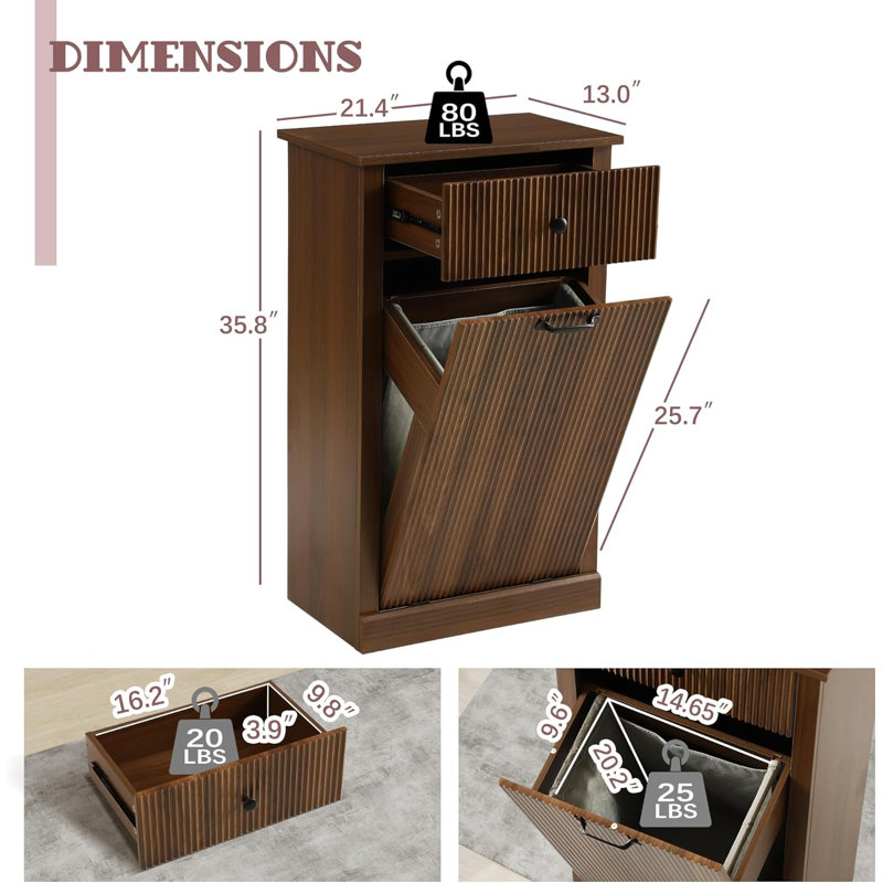 35.8" H Tilt Out Laundry Hamper Cabinet, Modern Fluted Trash Can Cabinets With Drawer, Wooden Hidden Garbage Cabinet For Kitchen And Bathroom