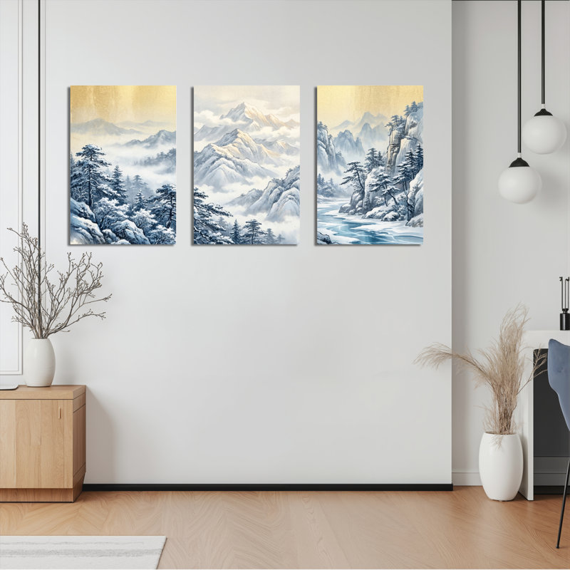 Ensemble de 3 tableaux sur toile représentant un paysage de montagne enneigée, H 36 po x l 72 po