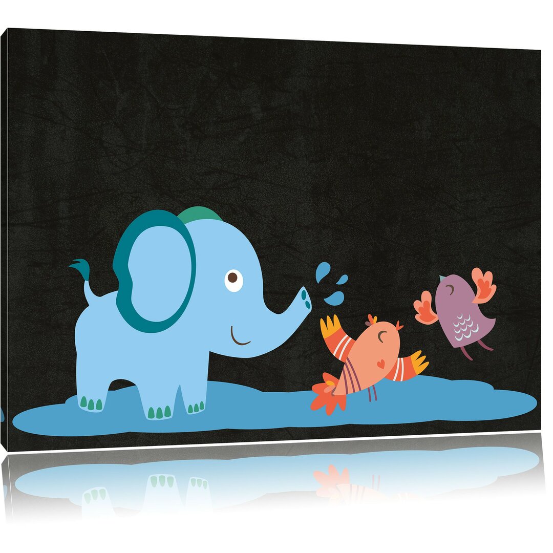 Leinwandbild Elefant mit Vögeln in Schwarz/Blau