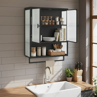 Armoire murale moderne à deux portes avec rangement à deux niveaux, tablette ouverte et porte-serviettes pour une organisation polyvalente, noir