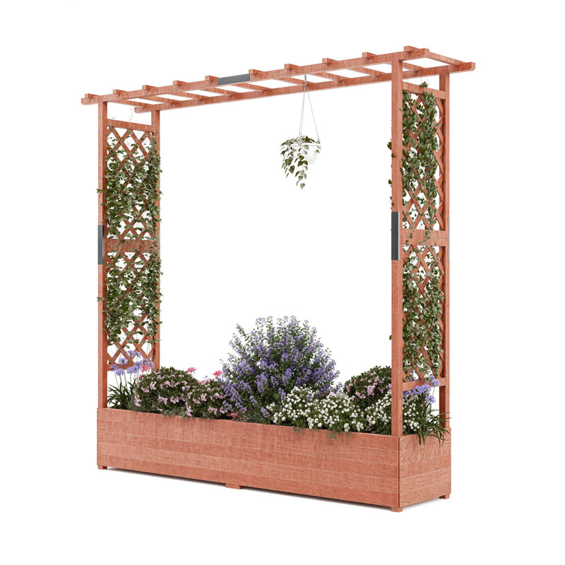 Wooden Elevated Garden Planter With Trellis, 71.65'' H x 77.17'' W x 17.32'' D