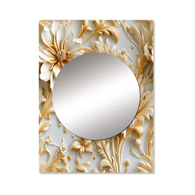 Izzi Gold And White  Royal Flower Garden Serenity - damask  Decorative Mirror, Boho Wall Mirror, Printed Metal Art
