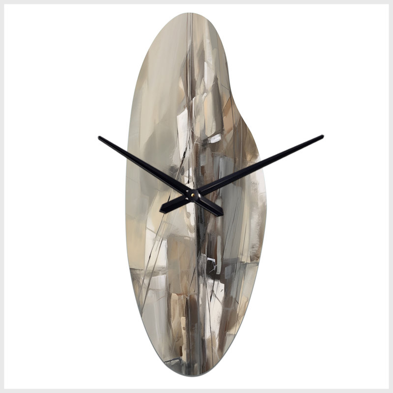 Elhaam Abstract Design Shapes I - Abstract Collages Curved Metal Clocks, Beige Asymmetrical Metal Wall Clock Print, Medium
