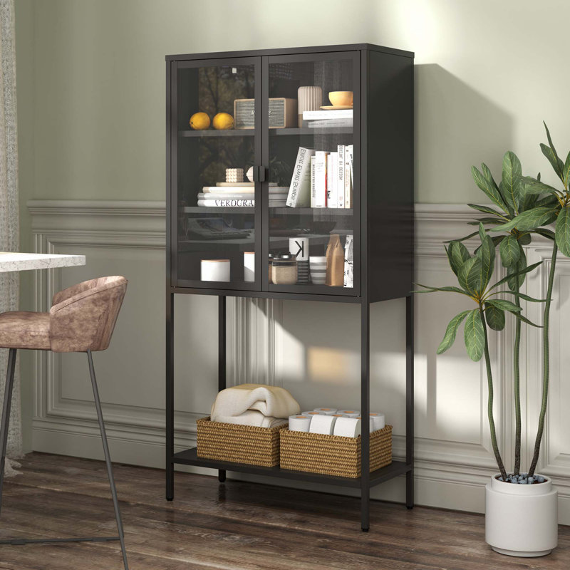 Armoire de rangement avec portes en verre et 2 tablettes réglables, Noir