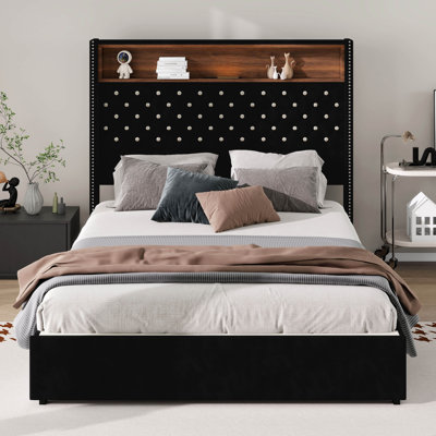 Lit double tapissier en velours pleine grandeur avec port USB et veilleuse, tête de lit capitonnée à oreilles de 52 po avec tablette de rangement et rivets