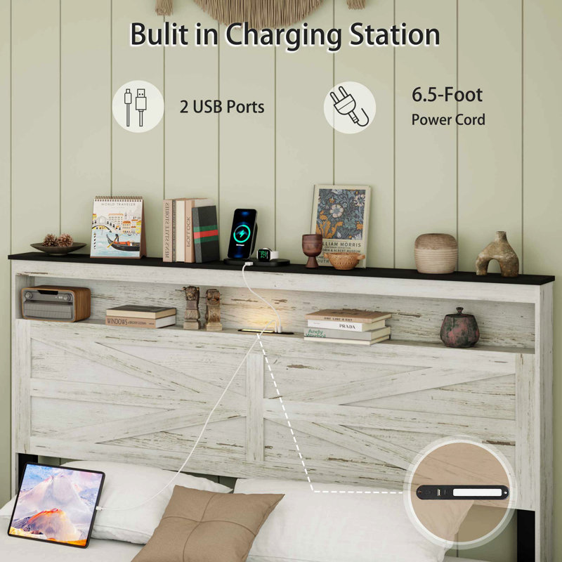 Tête de lit avec tête de lit avec lumières à DEL et base de lit plateforme avec coussin de charge, grand lit, avec tête de lit et espace de rangement caché