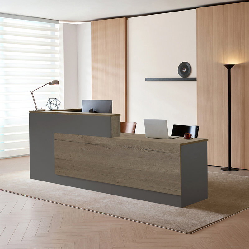 Bureau de réception en L avec tiroirs verrouillables et tablettes de rangement, bureau d'ordinateur multifonctionnel