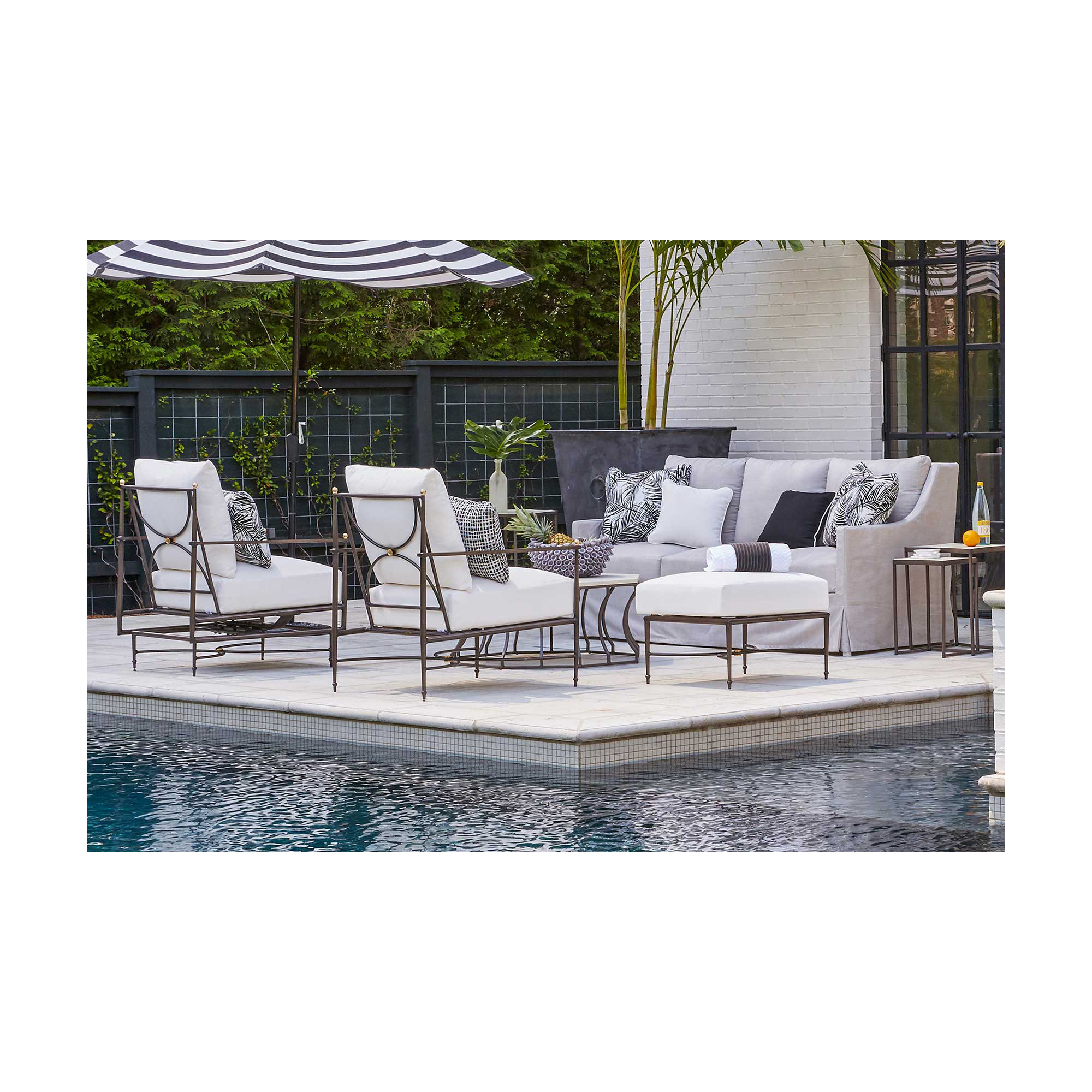 Roma Wrought Aluminum Outdoor Ottoman, Natural White, Welt