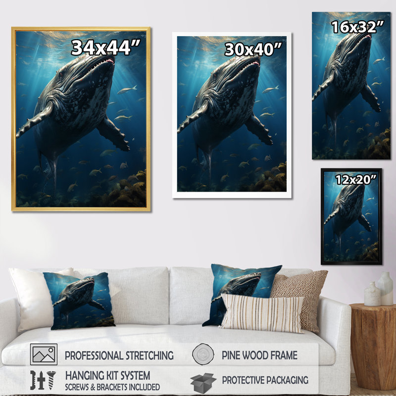 Aad Animal Whale In Deep Ocean, reproduction d'art sur toile, Toile encadrée noire simple, H 32 po x l 16 po x P 1 po