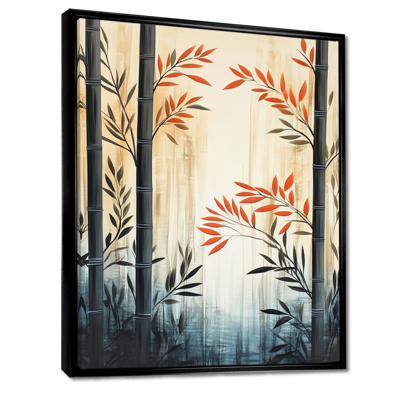 «Bamboo in Quiet Air I», art mural japonais sur toile japonaise encadrée, H 32 po x l 24 po, Cadre flottant noir