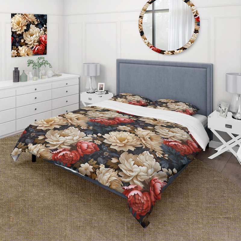Ensemble de housse de couette rétro à motif floral rose et bleu II, Housse de couette pour très grand lit et 2 très
