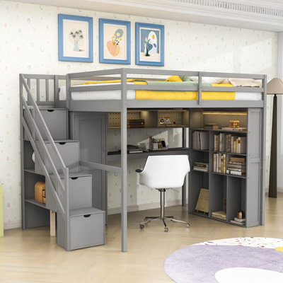 Lit mezzanine double en bois avec garde-robe intégré, bureau, tablettes, escalier de rangement et éclairage DEL