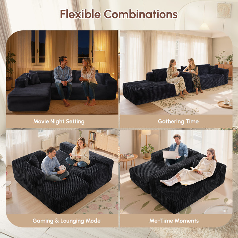 Ensemble de salon modulaire sans assemblage en L 3 pièces avec méridienne et fauteuil à billes sans accoudoirs Hogle, Noir