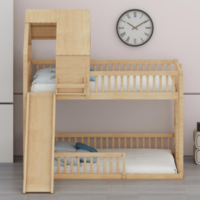 Lit superposé à plancher en bois pour enfants et adolescents avec glissade et échelle intégrée
