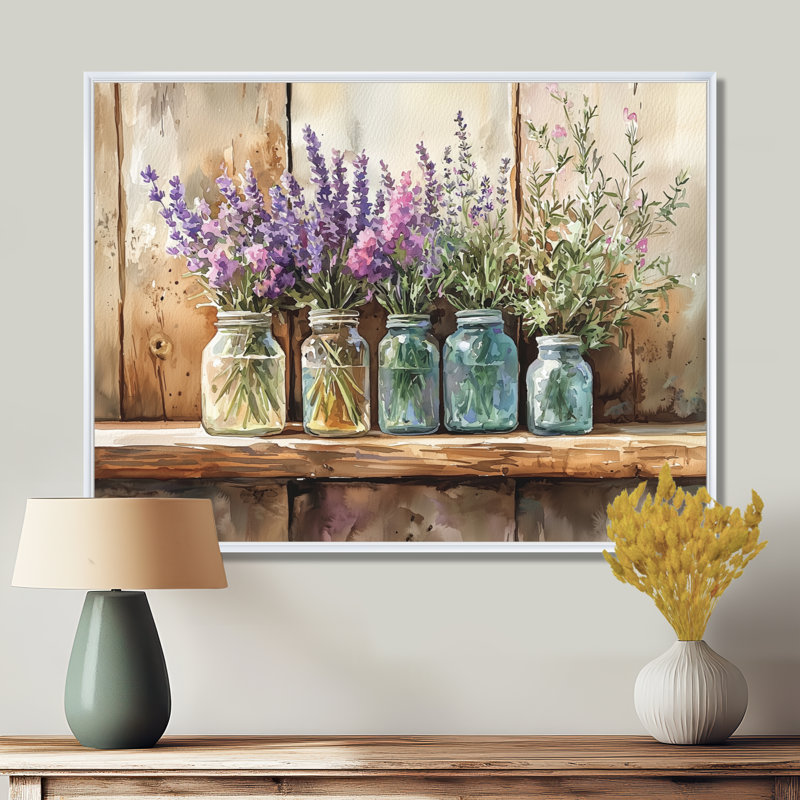 Lavande et bouquet de romarin II - Lavande, art mural, H 24 po x l 32 po, Cadre flottant, Blanc