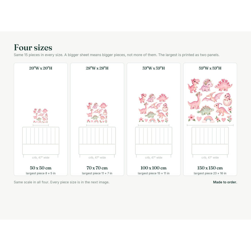 Pink Dinosaur Wall Decals, Set of 15 Peel and Stick Nursery Wall Stickers, Satin Finish Removable Kids Room Wall Art, 20"W x 20"H (50 x 50 cm)