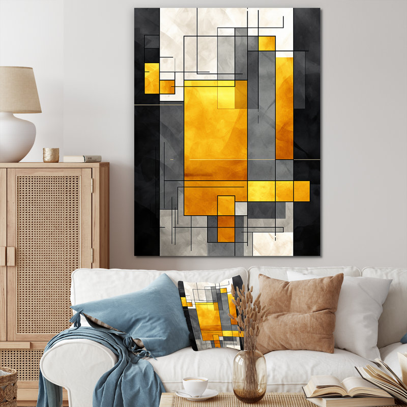 Jaune et gris fusion géométrique 2 - art mural géométrique, Toile tendue, H 32 po x l 16 po x P 1 po