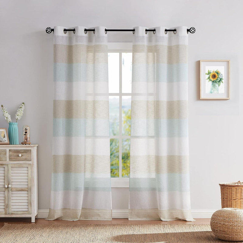 Stripe Sheer Color Block Window Curtain Panel Linen Window Treatment For Bedroom Living Room Farmhouse With Grommets 2 Panel Rustic Drapes