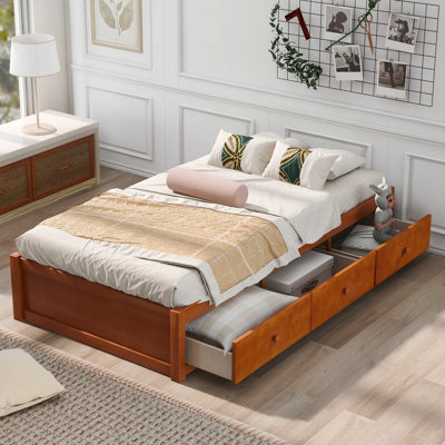 Twin Size Solid Pine Platform Bed Frame with 3 Storage Drawers