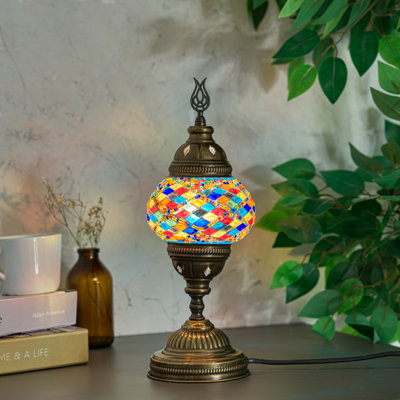 Kafthan Turkish Lamp w/ Plug-in - Mosaic Stained Glass Table Lamp, - Pavla Vintage Moroccan Lamp
