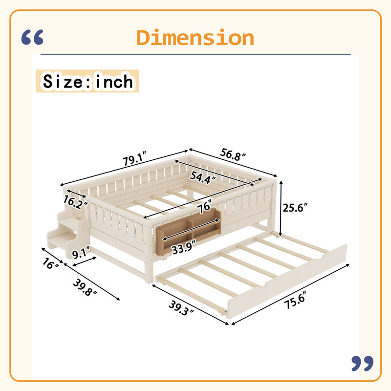 Structure de lit avec bibliothèque intégrée et petit escalier, rails de sécurité de haute qualité et lit gigogne, Lit double