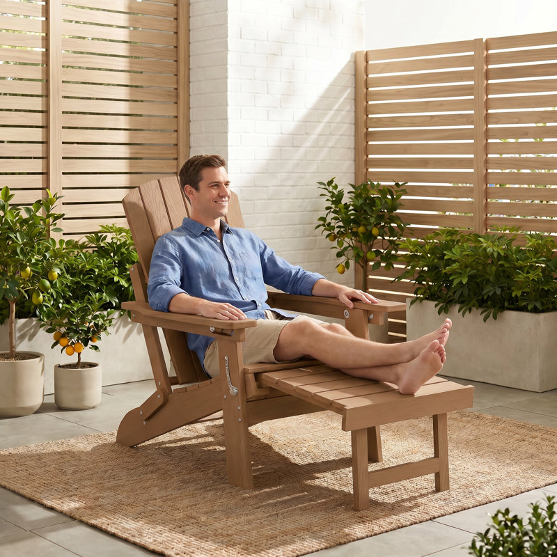  HDPE Outdoor Folding Adirondack Rocking Chair With Retractable Ottoman, Teak