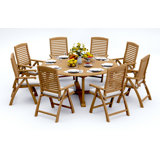 8 Seats 9 Pcs Grade-A Teak Wood Dining Set: 72" Round Table And 8 Ashely Folding Reclining Arm Chairs #11AS1708