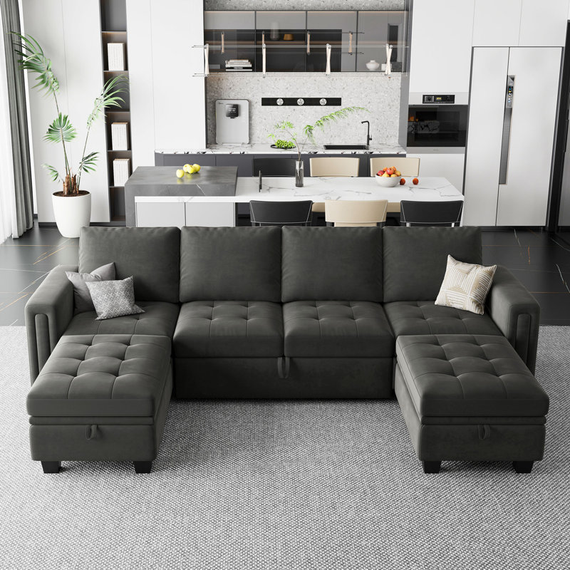 Shavera Velvet U-Shaped Sectional Couch Convertible Large Sofa Bed Sleeper With Storage Ottoman, Grey Velvet