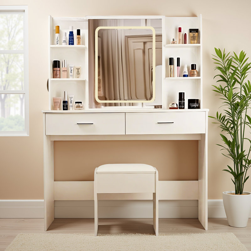 Meuble-lavabo blanc moderne avec lumières DEL, prise de courant intégrée et rangement spacieux