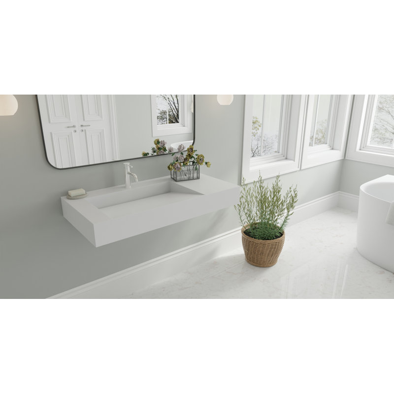 Lavabo de salle de bain mural rectangulaire en pierre 39,4 "x 19,6" Badeloft WT-04-A-G en blanc brillant, Blanc brillant