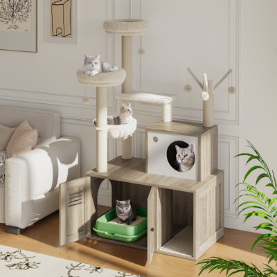 Tour à chat en bois moderne avec bac à litière dissimulé - Mobilier de condo à plusieurs niveaux, poteaux à griffer, hamac, perchoir souple, panier - Litière intégrée élégante pour chats d'intérieur, gris fumée