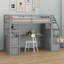 Lit mezzanine avec bureau et tablettes, tiroirs, escalier de rangement-497140778-497140779