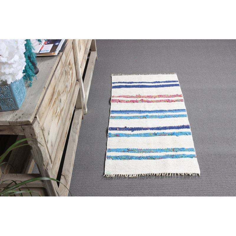 Handwoven Turkish Small Rug in White Featuring Vintage Anatolian Design for the Entryway