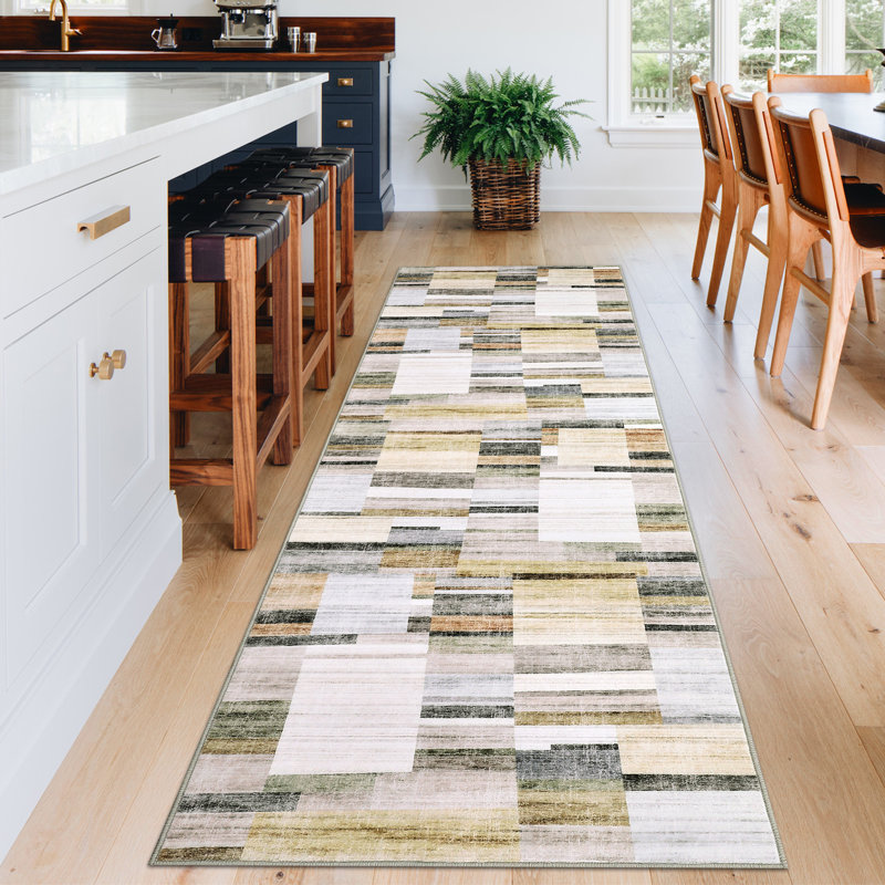 Modern Geometric Machine Washable Rug with Non-Slip Backing Non-Shedding Contemporary Accent Carpet Soft Low Pile Floor Cover for Living Room